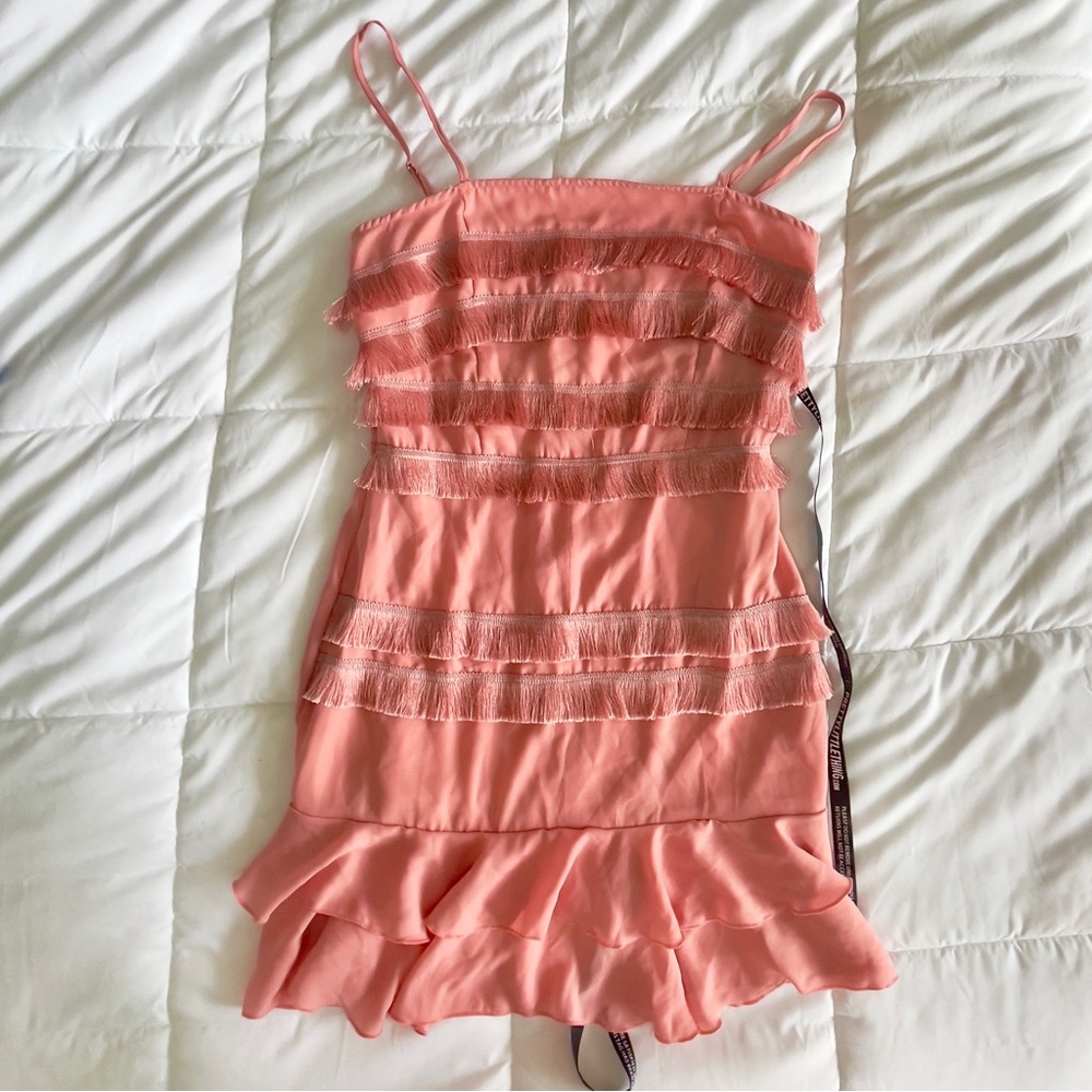 PrettyLittleThing Coral Fringe Ruffle Mini Dress Spaghetti Strap Wedding Guest